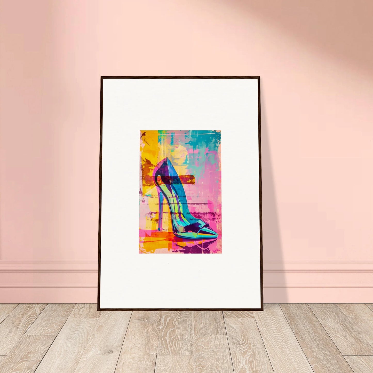 Framed wall art featuring a colorful high-heeled shoe for stylish room decor