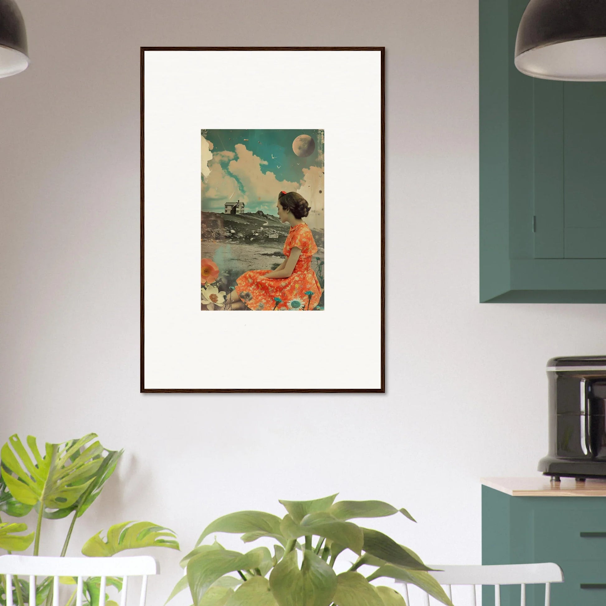 Vintage canvas print of a woman in an orange dress, perfect for color reverie room decoration