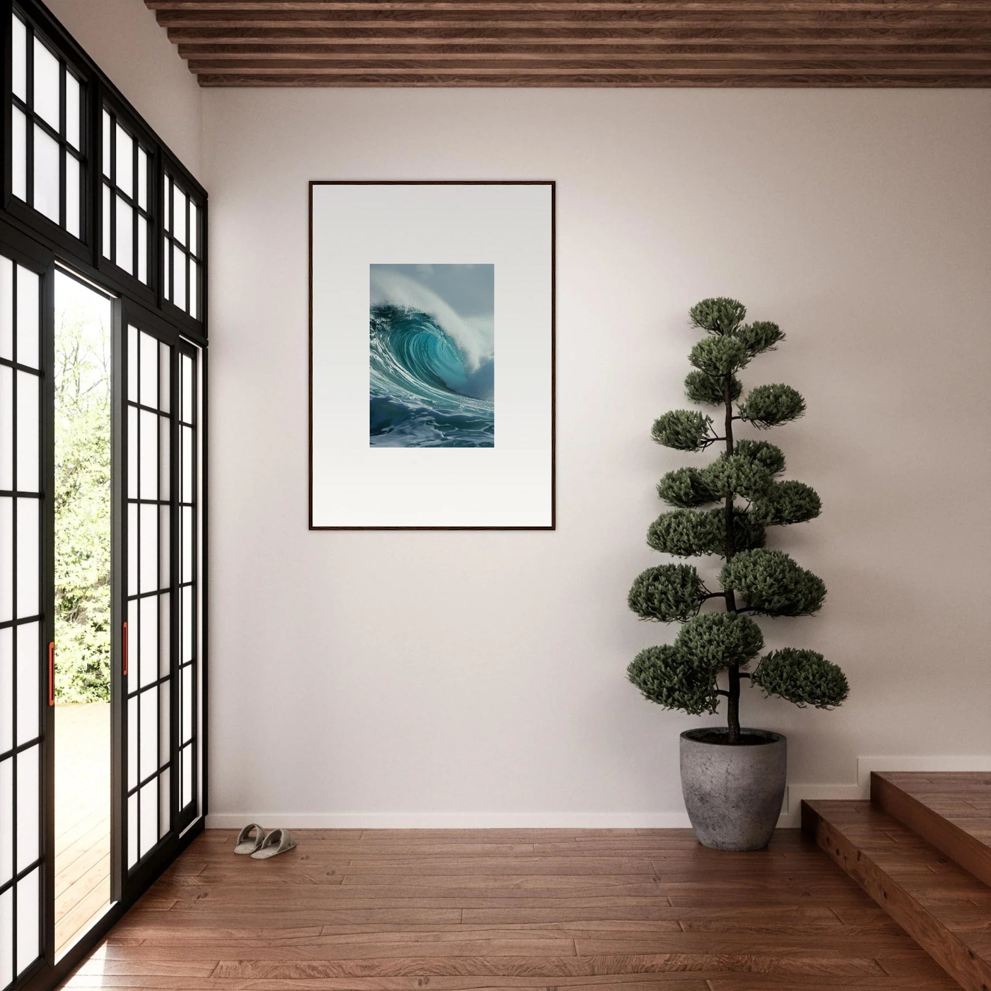 Framed wall art of a cresting ocean wave for cool room decoration in Whispering Oceans