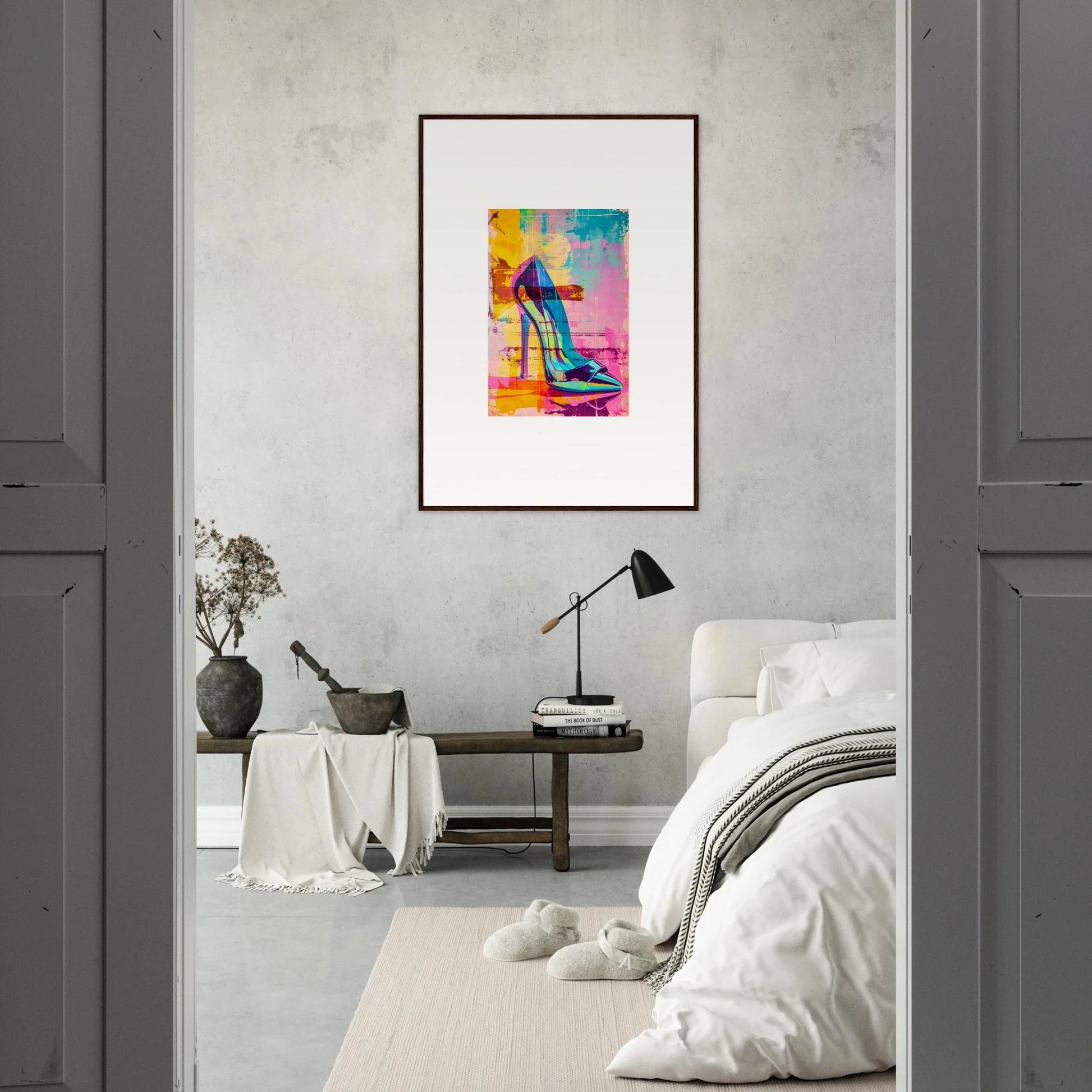 Framed wall art featuring a colorful high-heeled shoe, perfect for noir reverie room decor