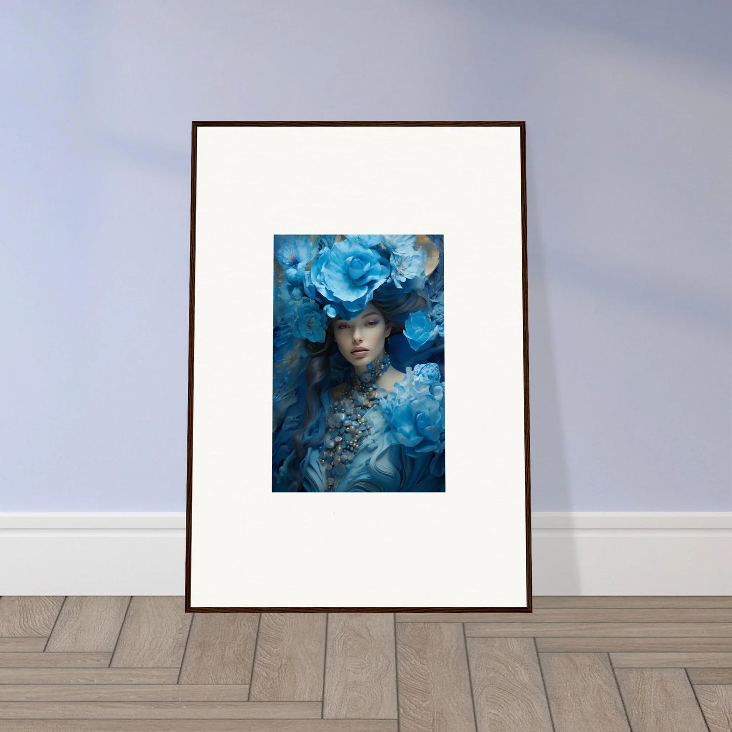 Framed canvas print of a colorful figure in a blue symphony for room decoration