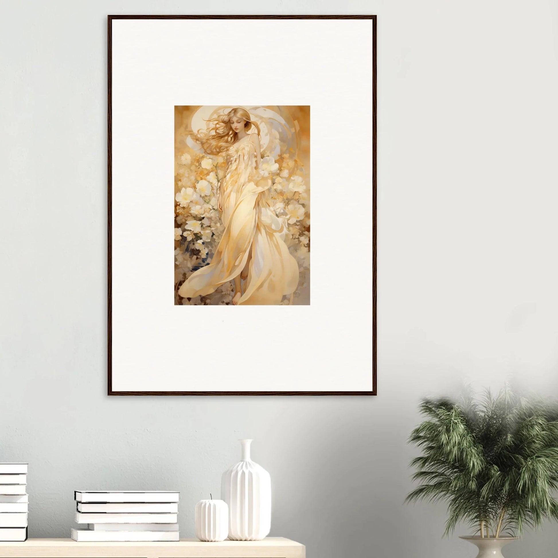 Ethereal female figure in golden hues for a stunning floral harmony canvas print