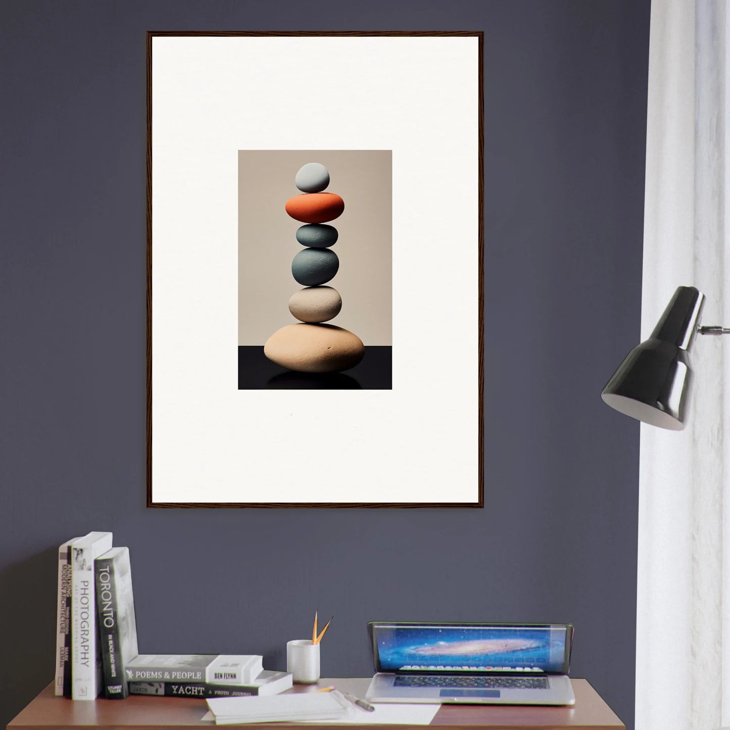 Framed canvas print of colorful balanced stones for dreamy room decoration