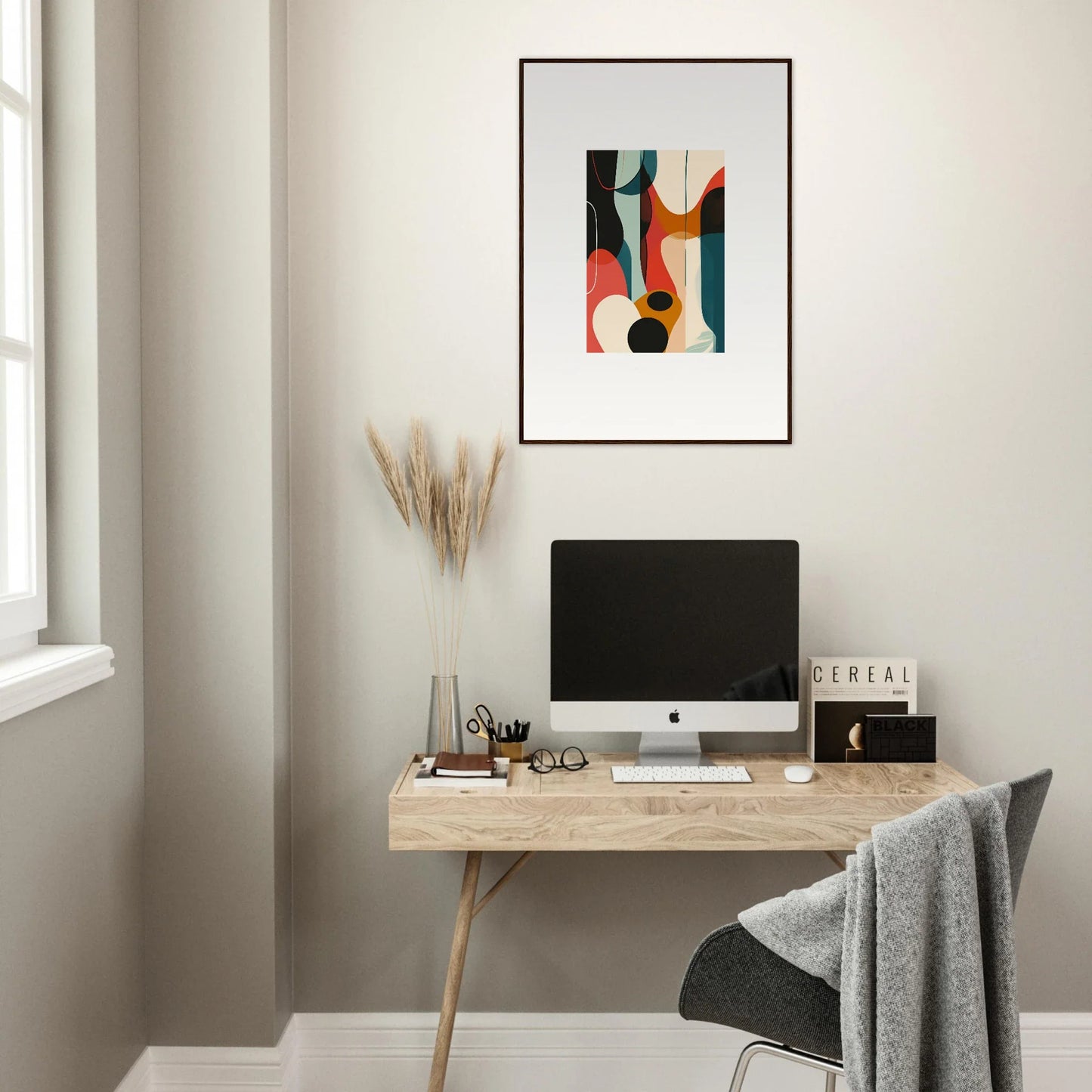 Minimalist home office with wooden desk, computer, and Troubadour Aria canvas print