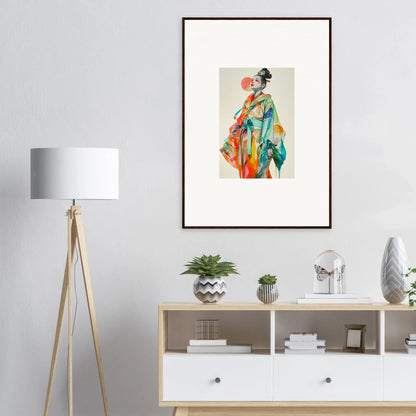 Framed canvas print of a colorful geisha showcasing rainbow essence for room decoration