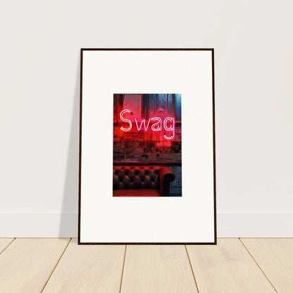 Neon Swag sign wall art above a leather couch, perfect for cool room decoration