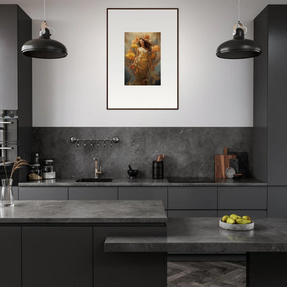 Sleek kitchen with dark cabinets and a blossom odyssey canvas print for room decoration