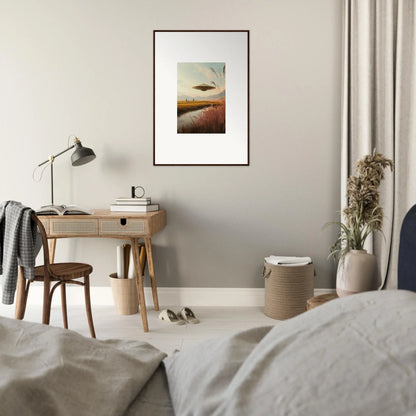 Framed wall art of a sunset landscape with Meadow Raindancers and flying birds