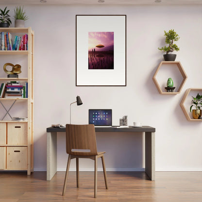 Minimalist home office with desk, chair, and Violet Dreaming canvas print decor