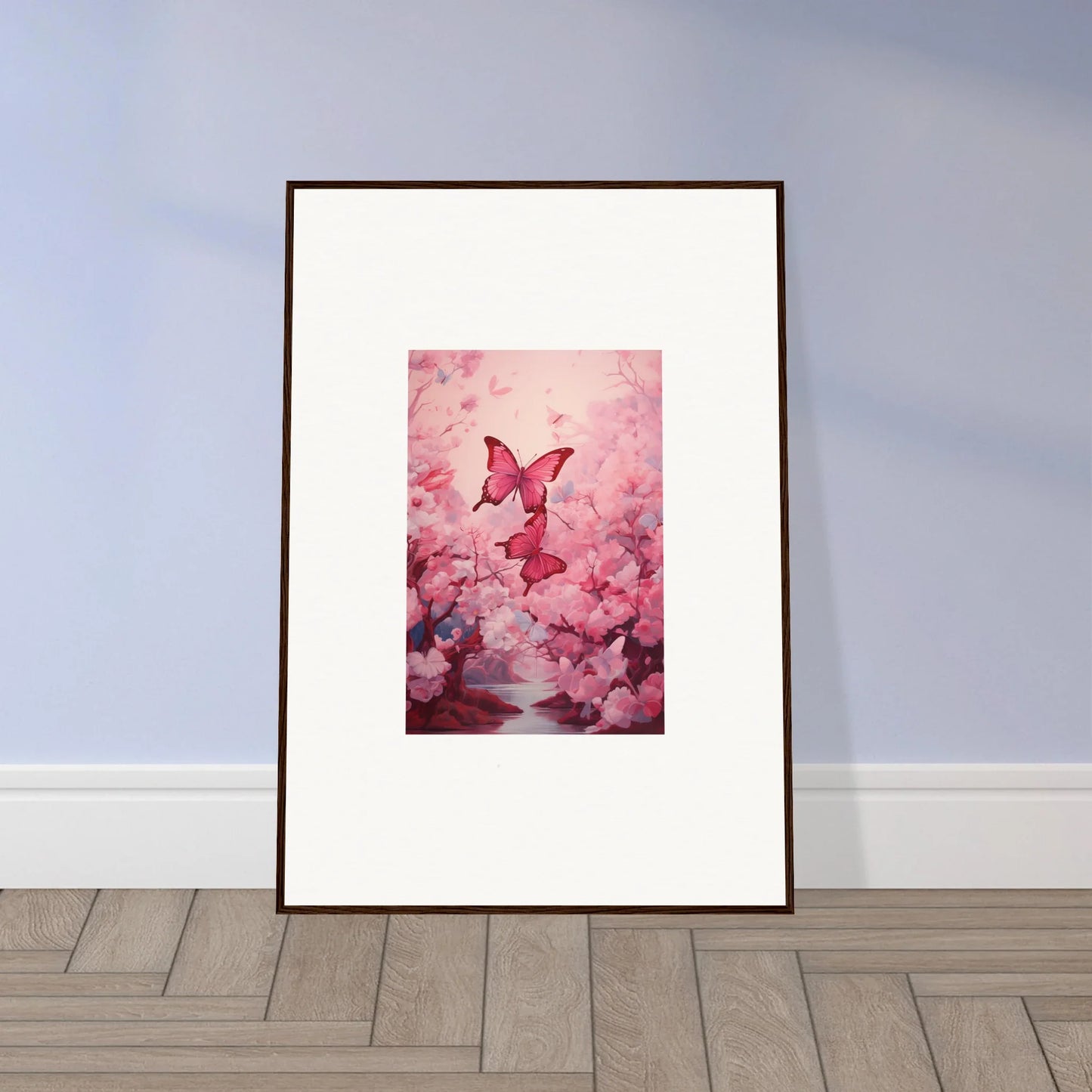 Framed canvas print of a pink butterfly in cherry blossoms for spring euphoria room decoration