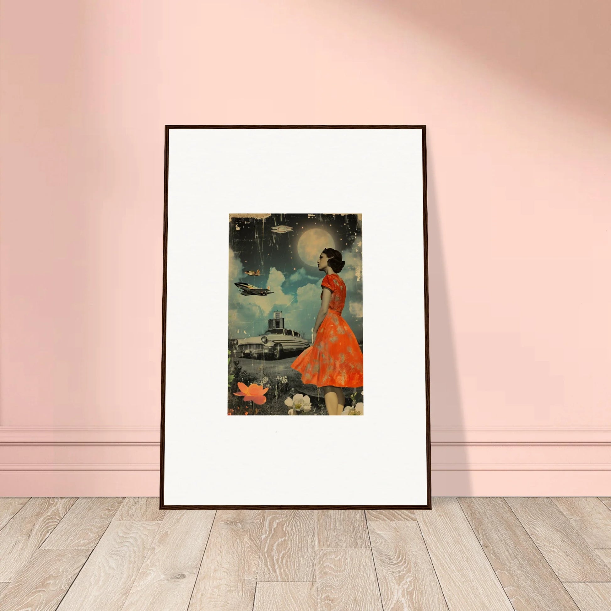 Framed canvas print of a woman in an orange dress for retro bloom room decoration