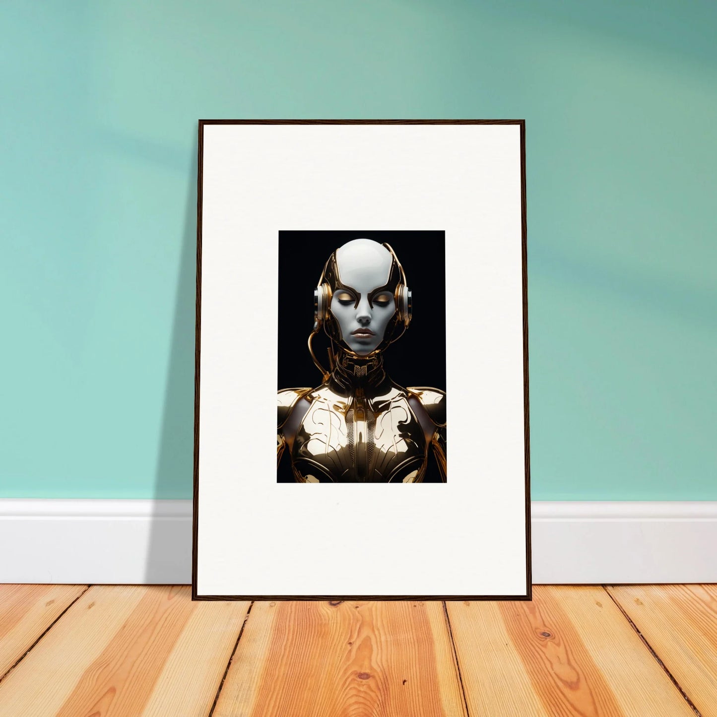 Framed canvas print of a robotic figure, perfect for electrical elegance room decoration