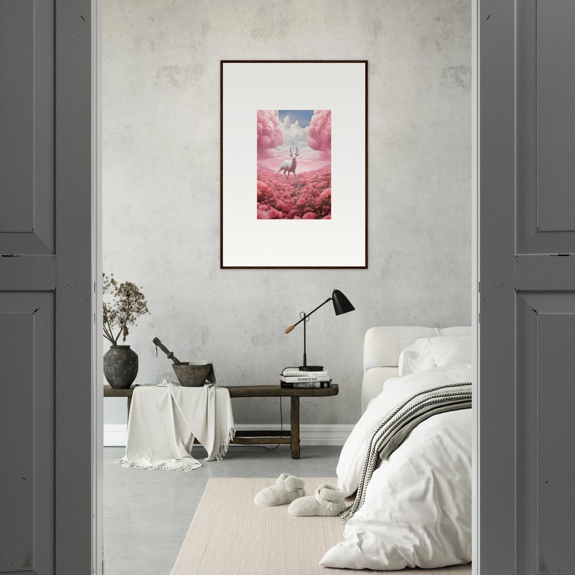 Framed canvas print of giraffe in surreal pink landscape for cool room decoration