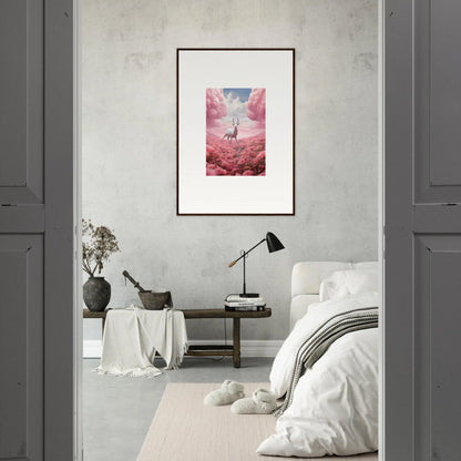 Framed canvas print of giraffe in surreal pink landscape for cool room decoration