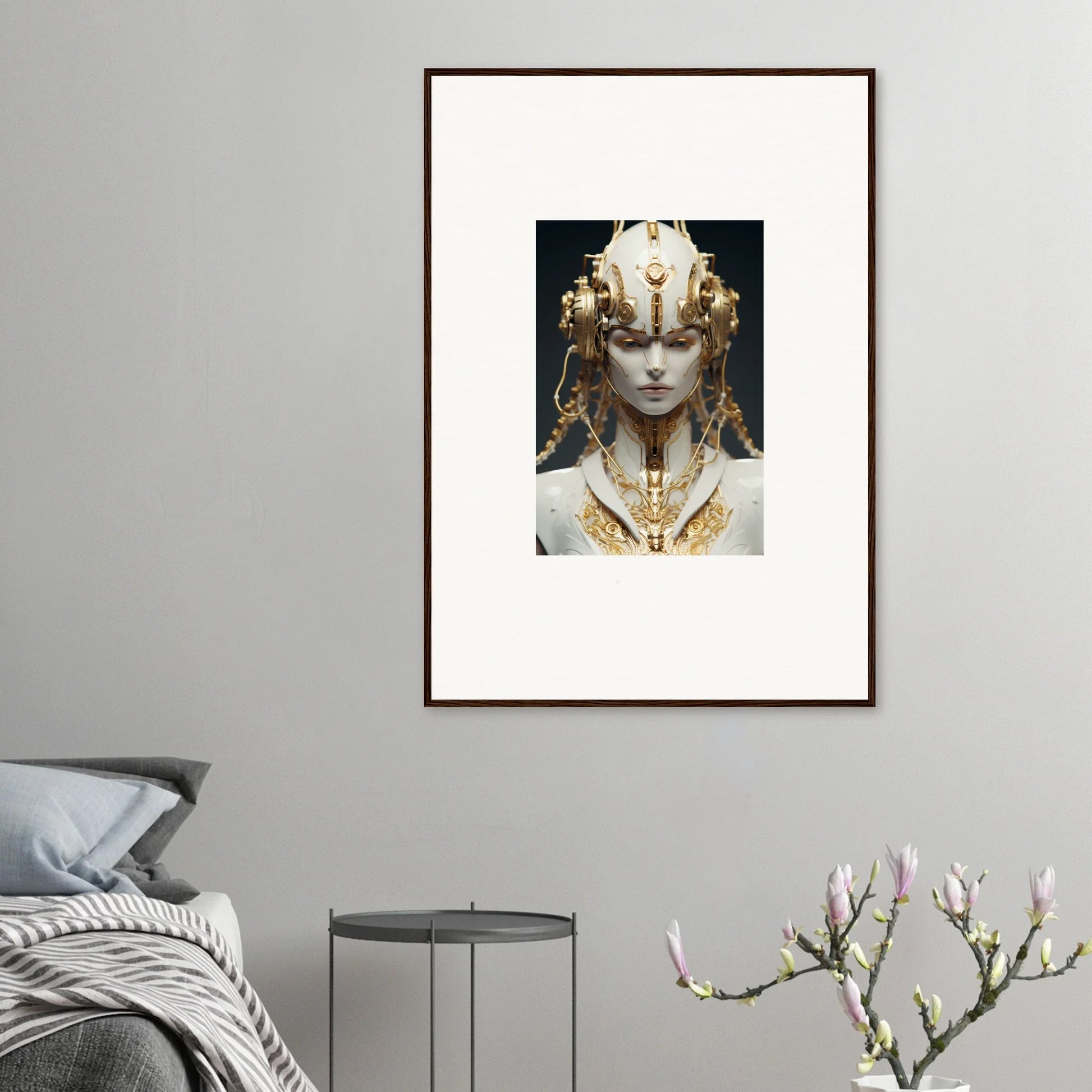 Framed canvas print of a figure in golden headdress for flux radiance room decoration