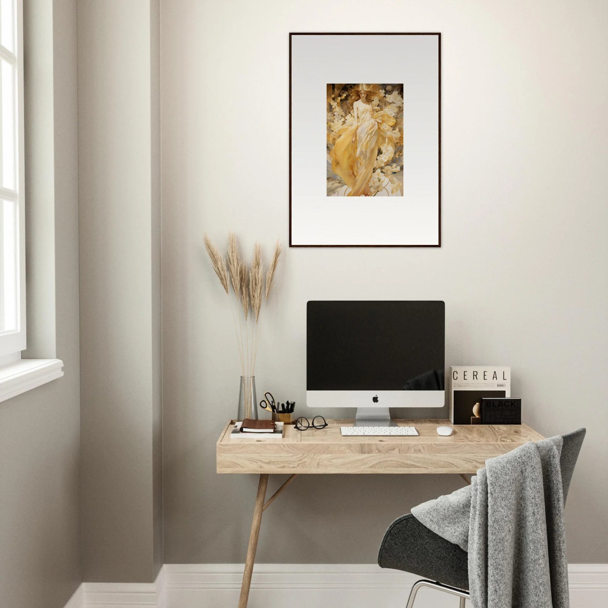 Minimalist wooden desk with a computer, perfect for room decoration and Petal Serenade vibes