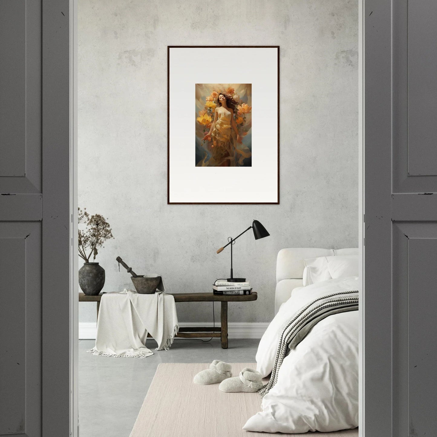 Framed canvas print of a golden figure, perfect for blossom odyssey room decoration