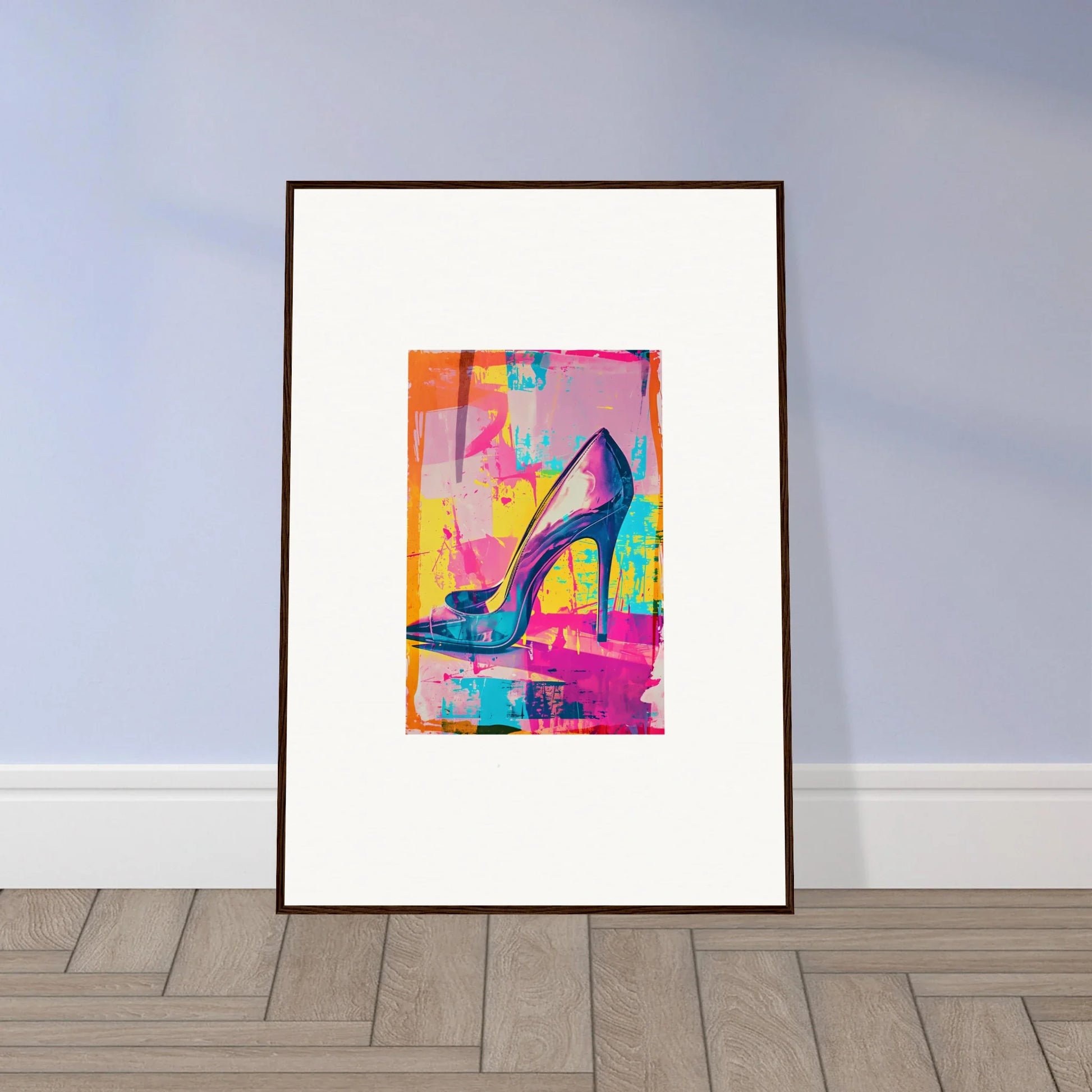 Framed colorful abstract painting of a high-heeled shoe for vibrant room decor