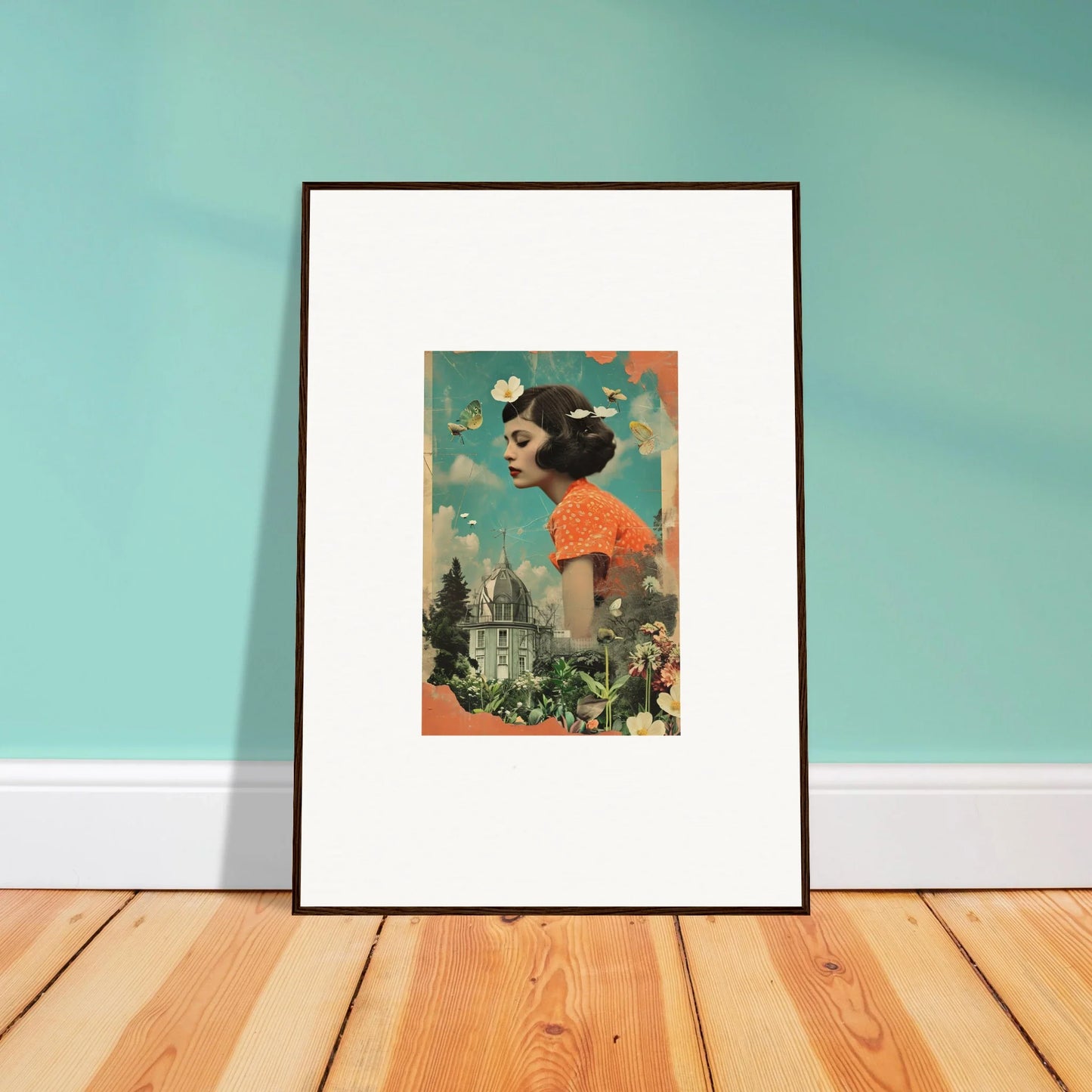 Framed collage artwork with surreal elements in a botanical parade canvas print