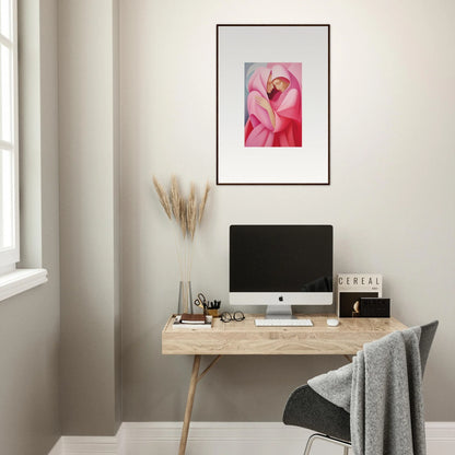 Framed pink floral canvas print above a desk, perfect for room decoration with verse tapestry