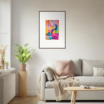 Colorful abstract painting of a high-heeled shoe in framed wall art for unique room decor