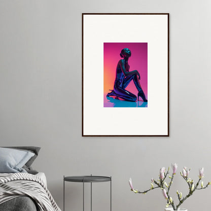 Framed Neon Vortex Wonder canvas print with a silhouette on a pink and orange gradient