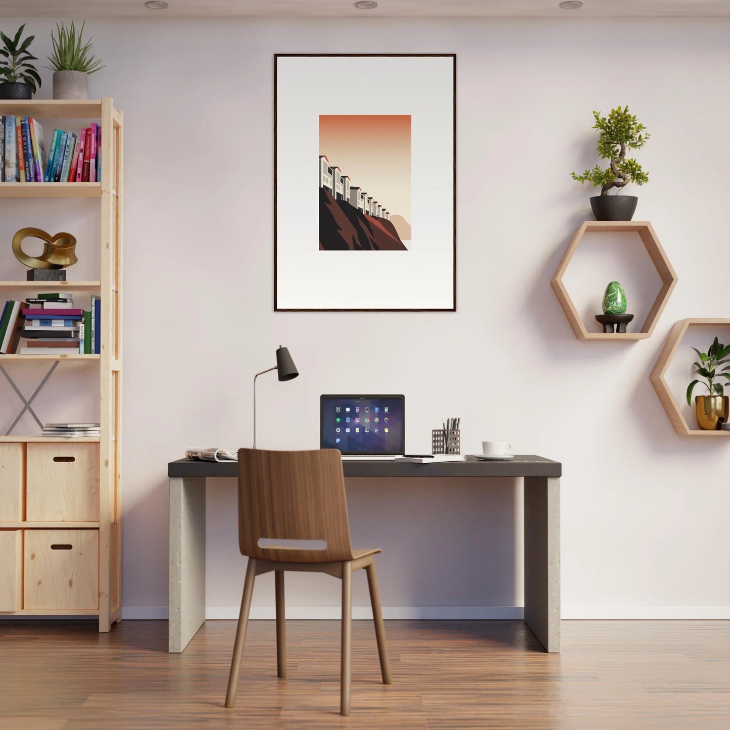 Cozy home office setup featuring canvas print wall art and stylish room decoration