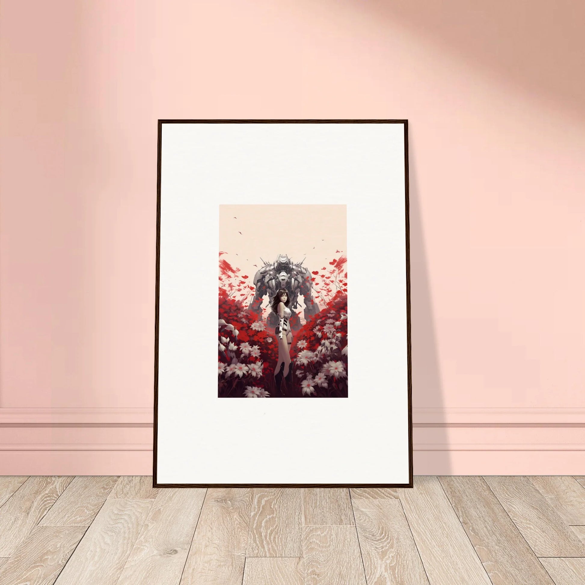 Framed canvas print of dark silhouette with red and white florals, perfect for boundary whimsy room decoration