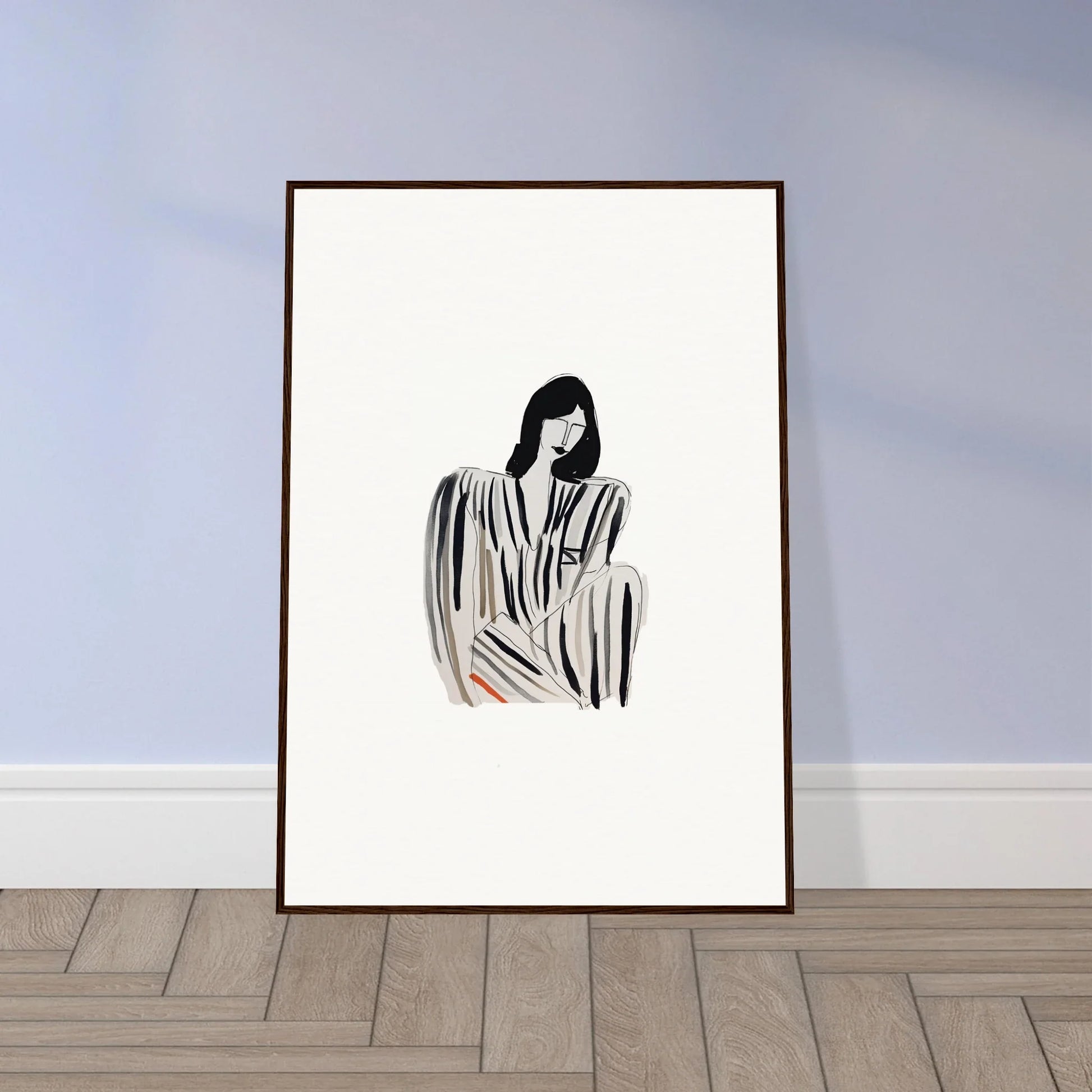 Framed black and white illustration of a person in flowing fabric for whispers formals