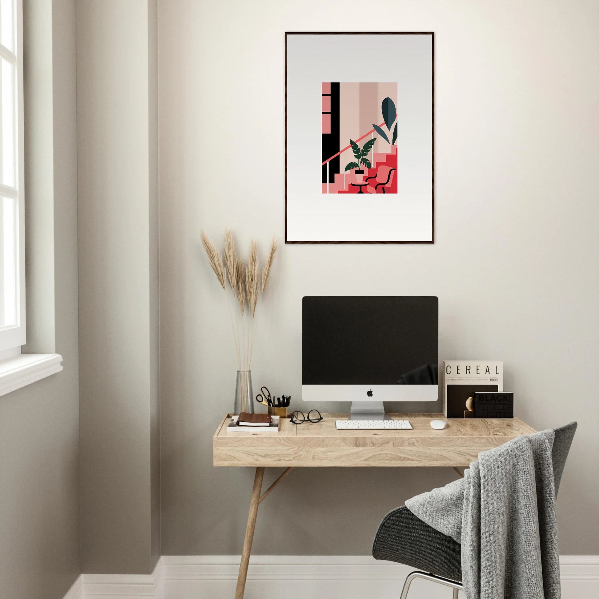 Minimalist home office with wooden desk, computer, and Daydream Expression canvas print