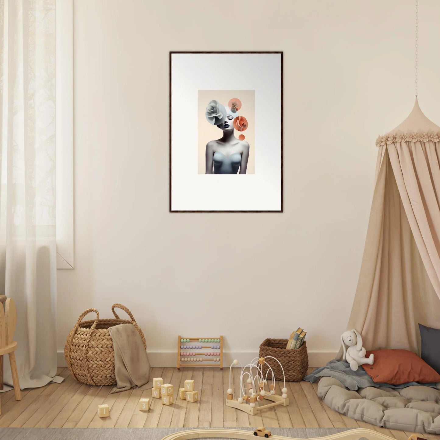 Framed abstract canvas print of a figure with colorful spheres for head, Blossom Nexus vibe