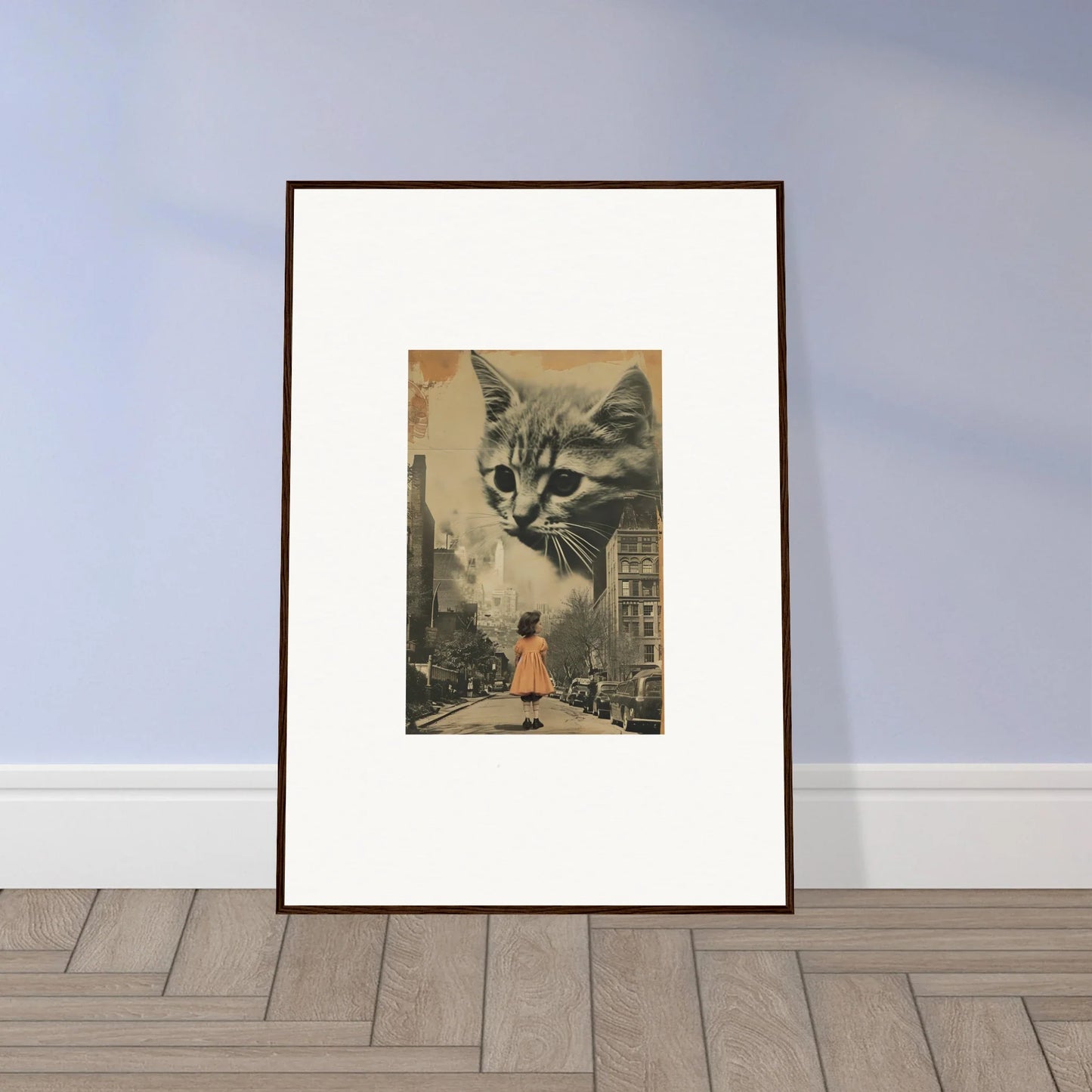 Giant cat wall art towering over city, perfect for cozy room decoration canvas print