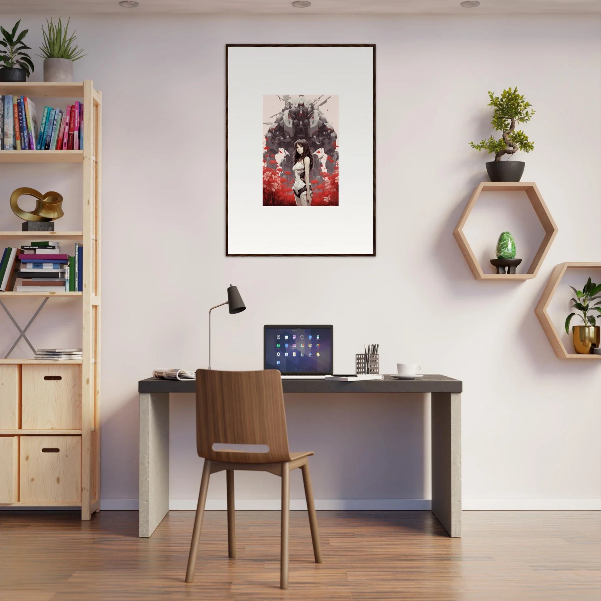 Modern home office with Mechanical Amour Reverie canvas print and stylish decor