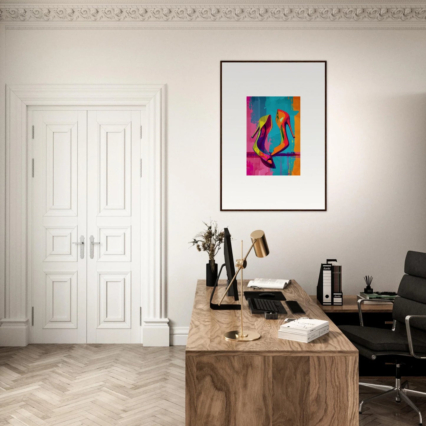 Stylish home office with wooden desk, canvas print, and white double doors for room decoration