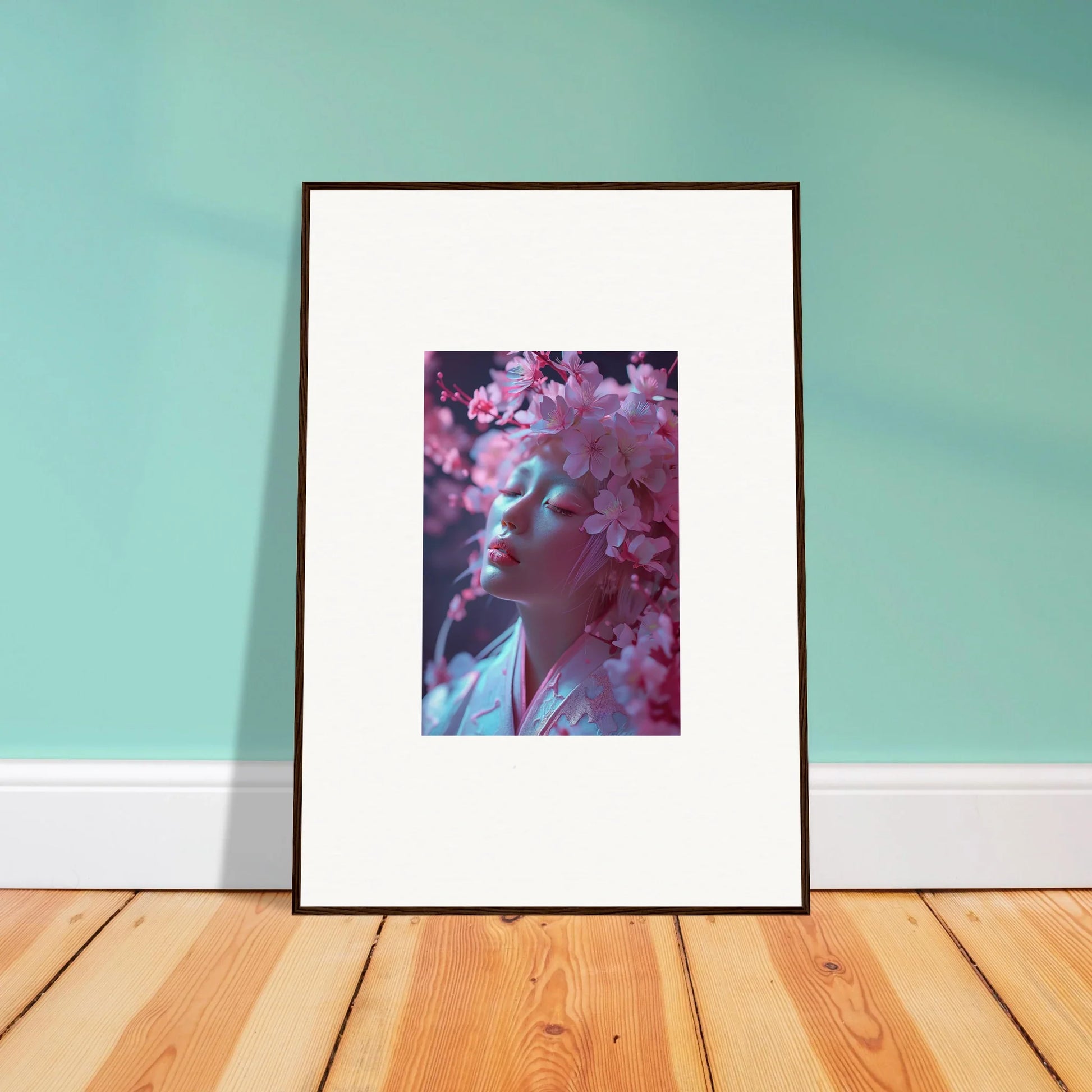 Framed photograph of a person among pink cherry blossoms for your Sakura Dreams room decoration