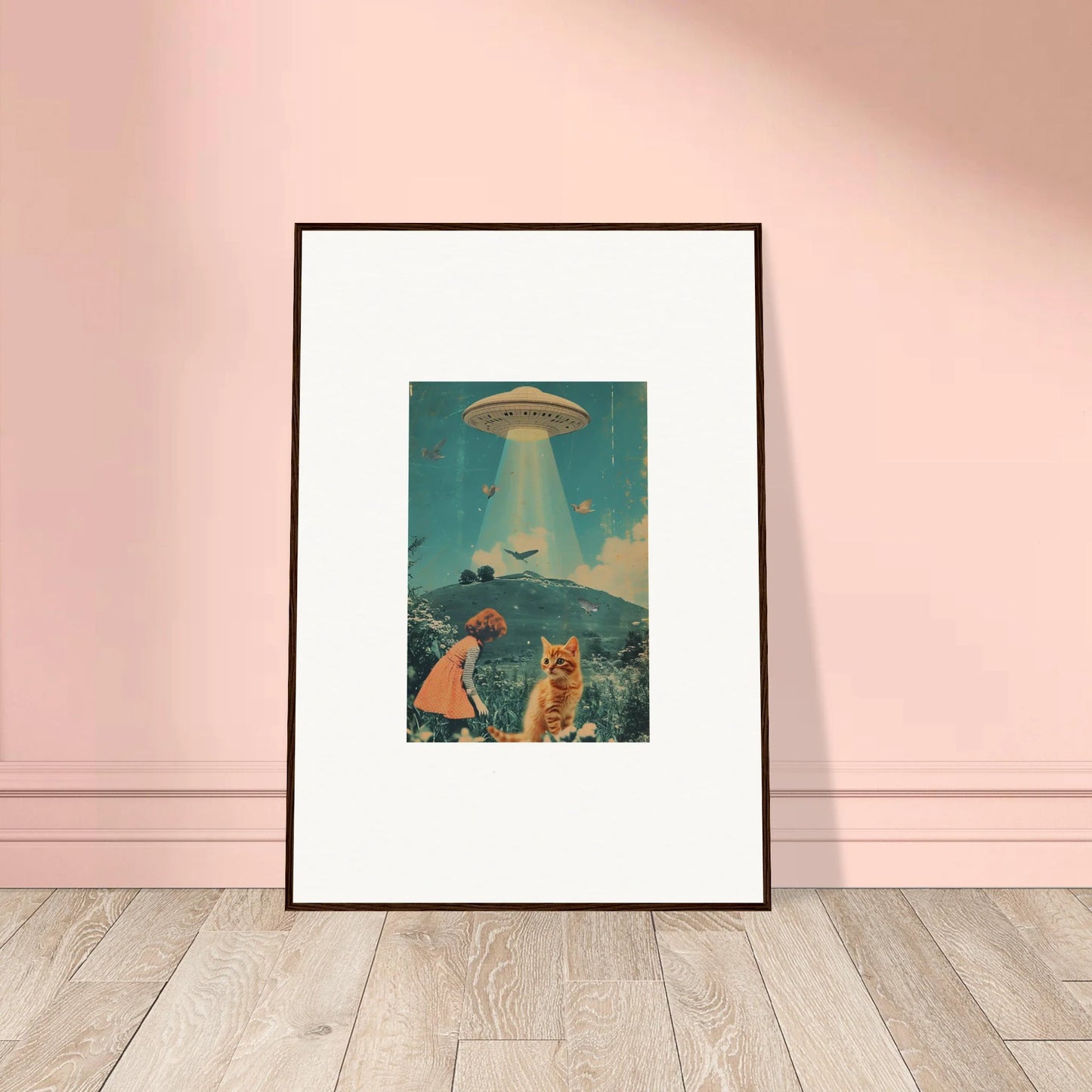 Cool canvas print of a cat and person in a UFO abduction scene for quirky room decoration