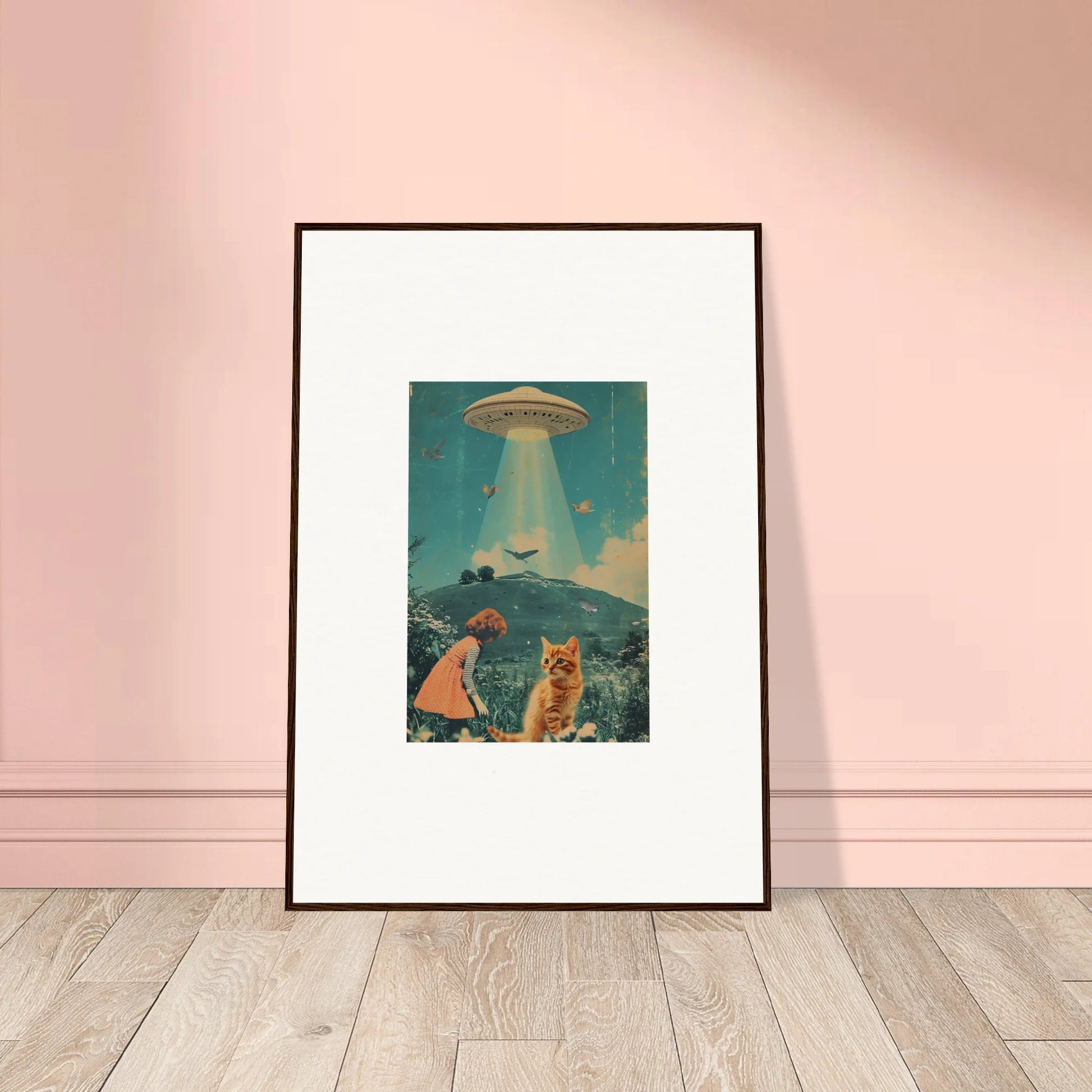 Cool canvas print of a cat and person in a UFO abduction scene for quirky room decoration