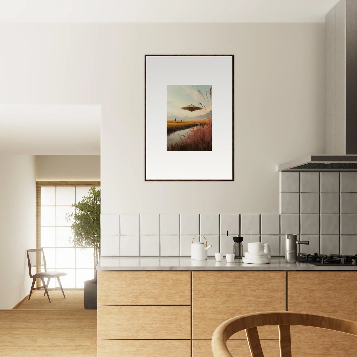 Modern kitchen with wooden cabinets and framed wall art featuring Meadow Raindancers