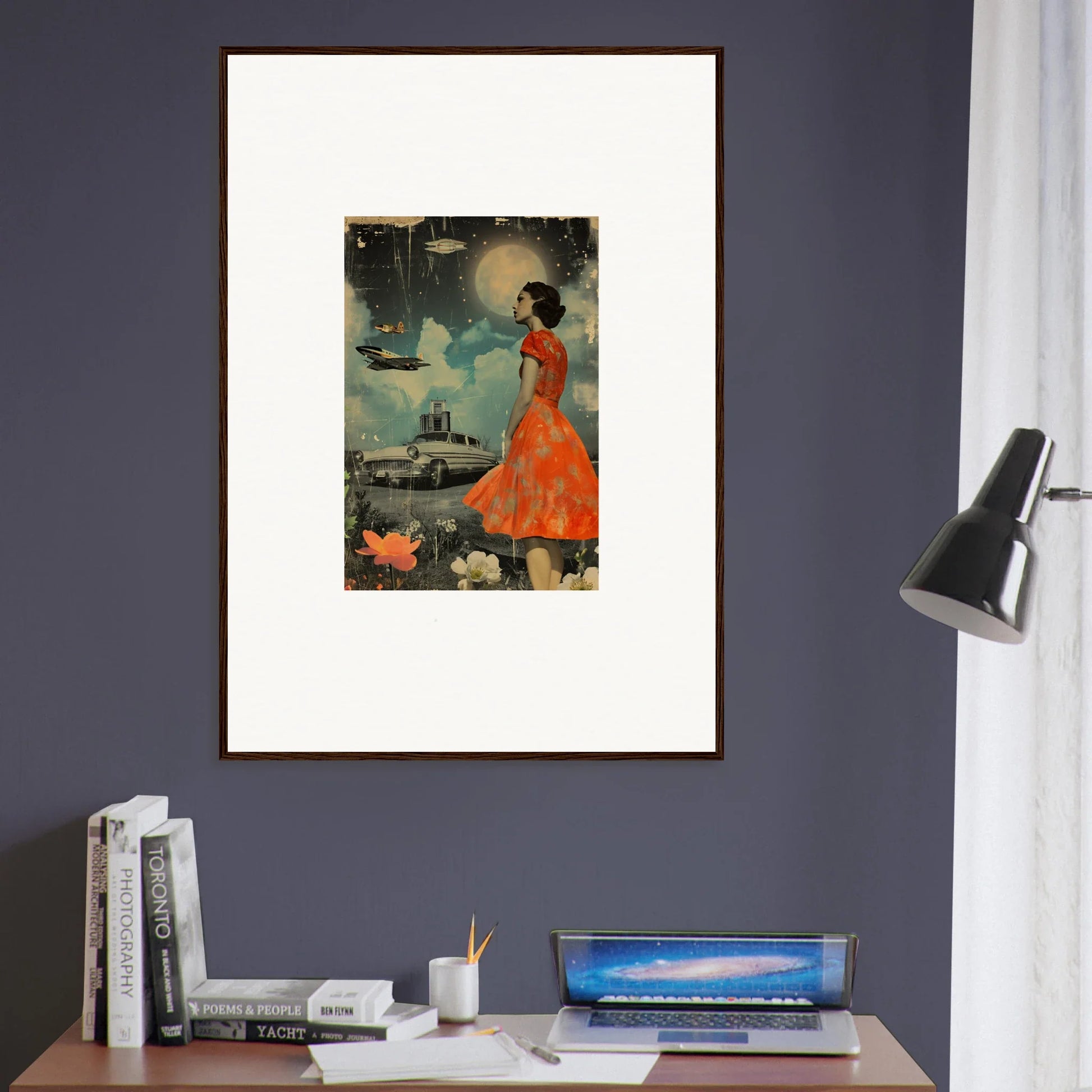 Framed canvas print of a woman in an orange dress for retro bloom room decoration