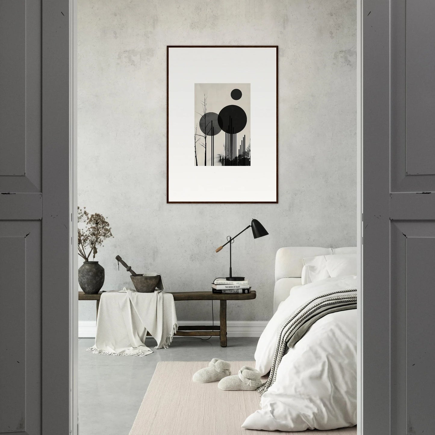 Minimalist bedroom with monochromatic decor and abstract canvas print for dropscape wandering