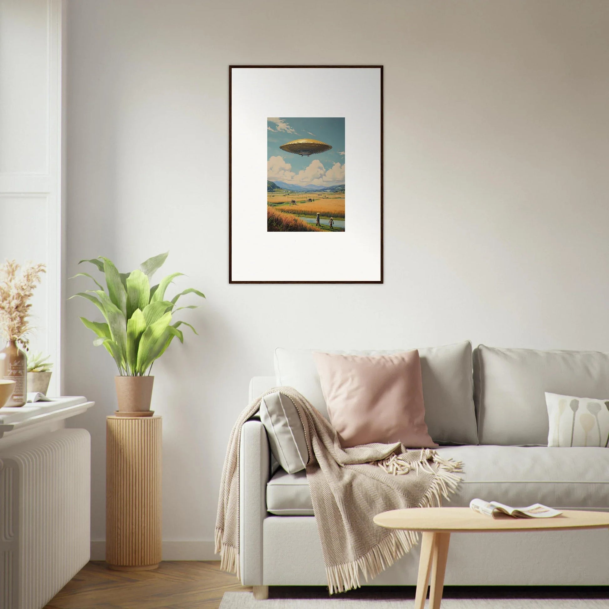 Framed canvas print of UFO in a landscape perfect for room decoration and hover query vibes