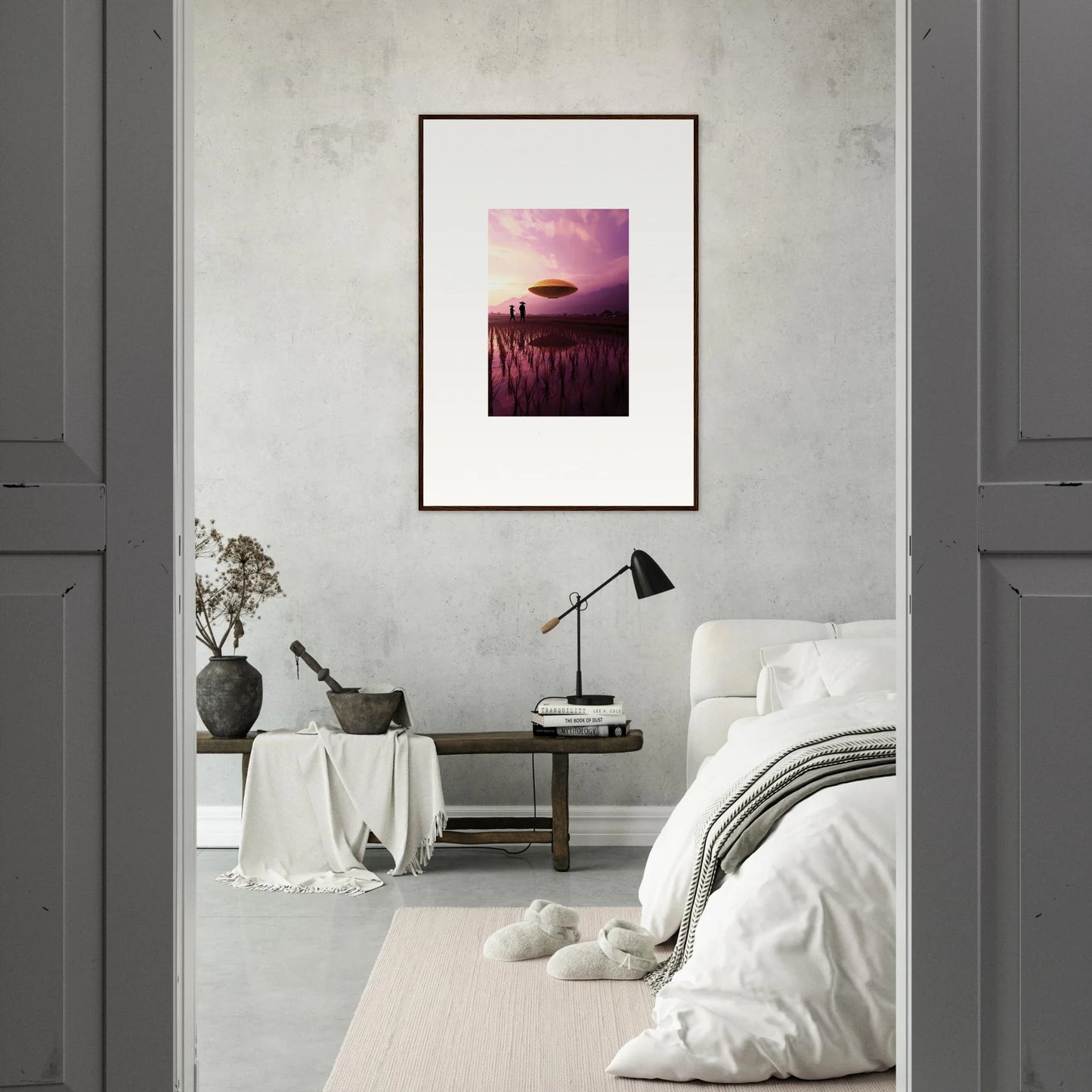 Framed canvas print of Violet Dreaming sunset over lake with reeds, perfect room decoration