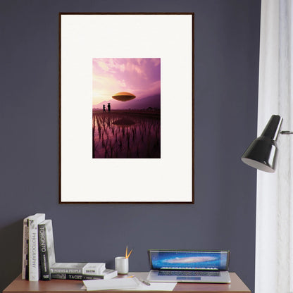 Framed canvas print of violet dreaming with a UFO over a misty landscape at sunset