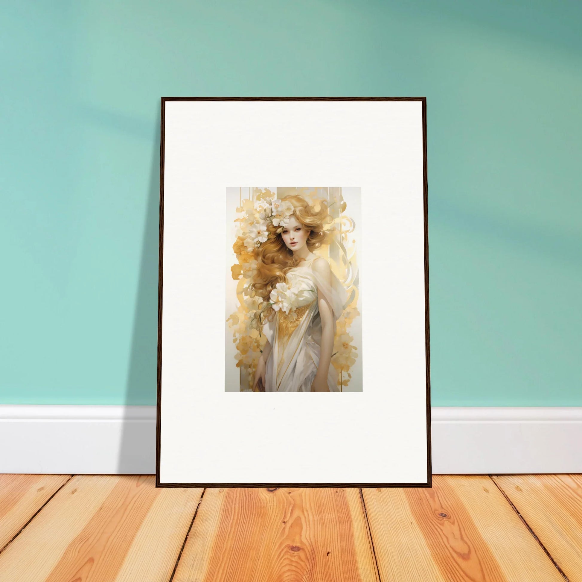 Framed wall art featuring Ethereal Flora Serenade in soft golden tones for elegant room decor