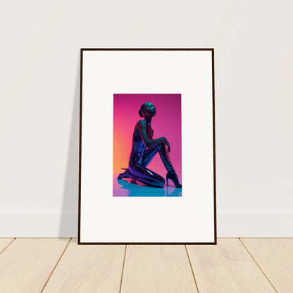 Framed Neon Vortex canvas print of a blue figure on a vibrant pink-orange background