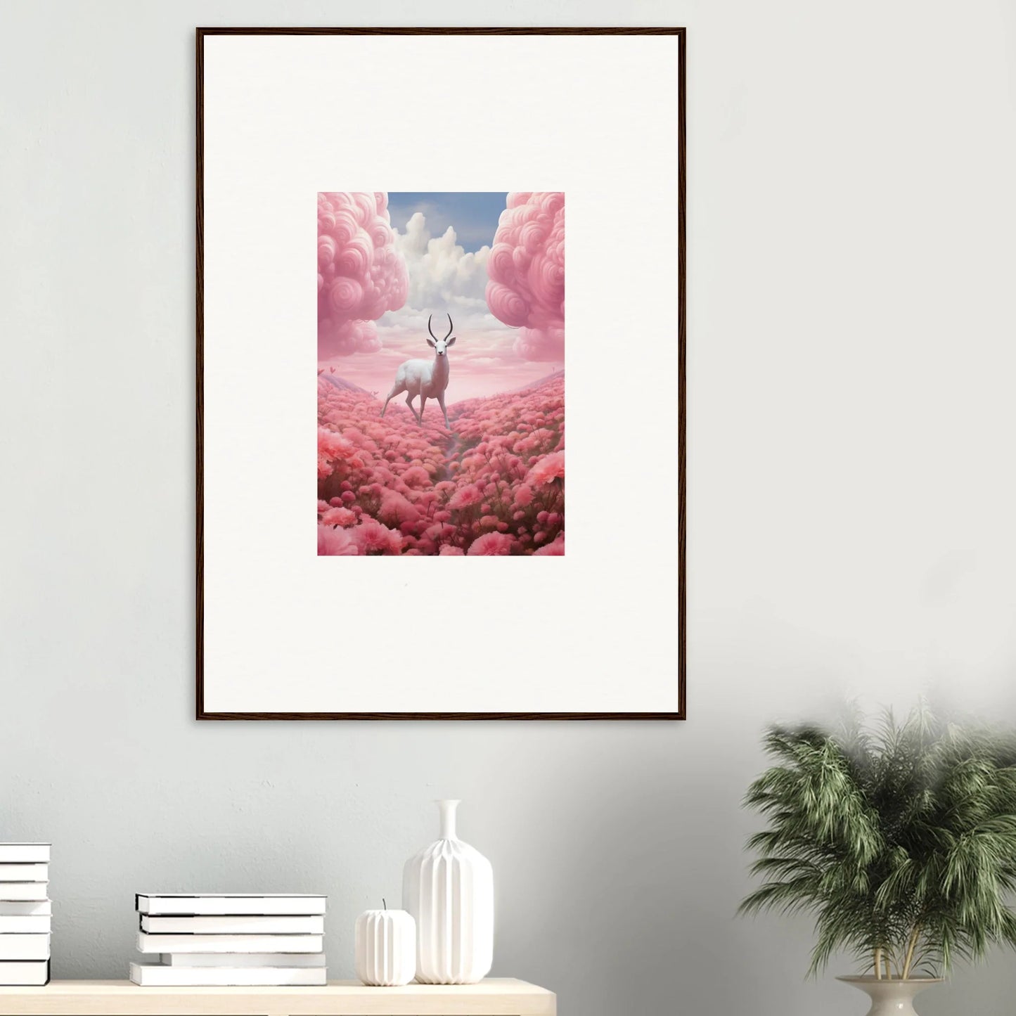 Framed canvas print of a deer in a pink landscape, perfect for berry collision room decoration