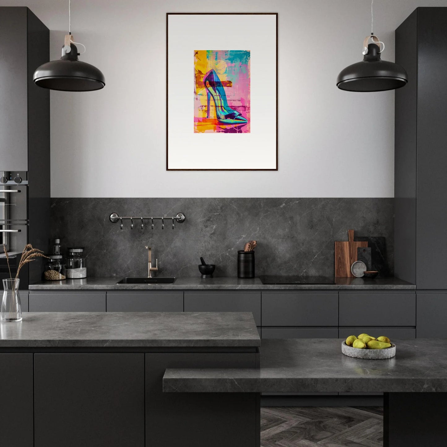 Modern kitchen with dark cabinetry and framed Stiletto Noir Reverie wall art