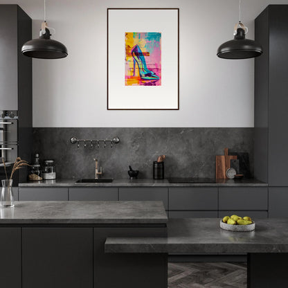 Modern kitchen with dark cabinetry and framed Stiletto Noir Reverie wall art