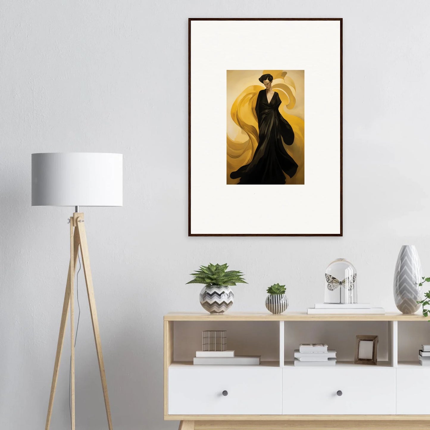 Framed canvas print of a woman in black with a yellow scarf, perfect for room decoration