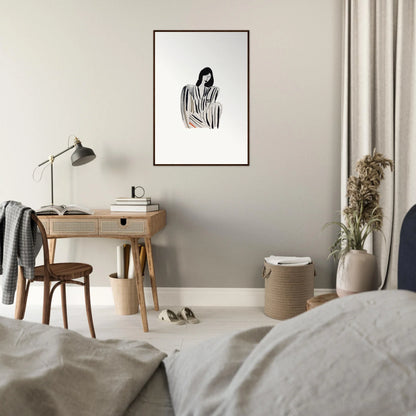 Minimalist bedroom with wooden desk and Striped Whispers Formals canvas print decor